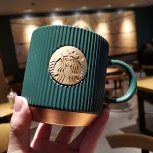 Starbucks Dark Green Goddess Striped Mug Ceramic Coffee Cup with Gift Box